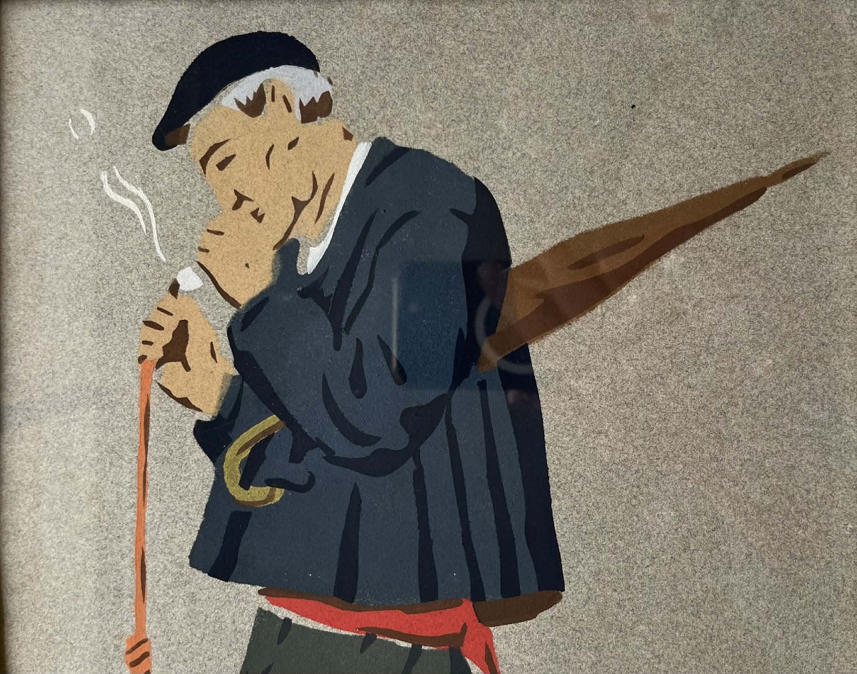 Louis FLOUTIER (1882 - 1936) Aitachi fumant la pipe - Pays basque - Gouache/pochoir 45 x 25 cm-photo-2