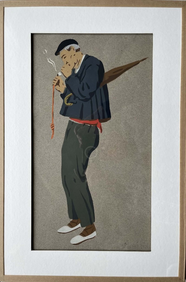 Louis FLOUTIER (1882 - 1936) Aitachi fumant la pipe - Pays basque - Gouache/pochoir 45 x 25 cm