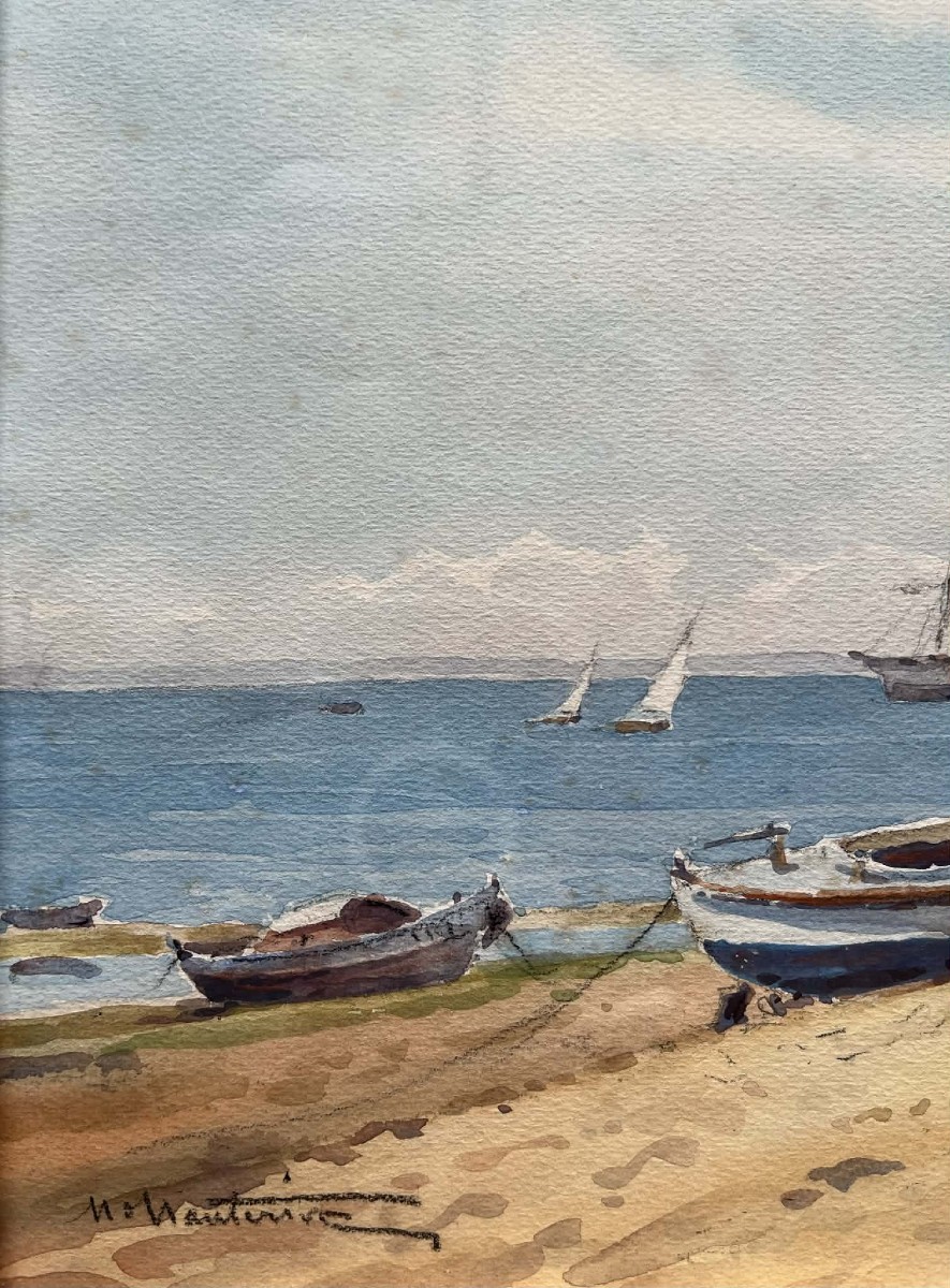 Henri d’HAUTERIVE (1865 –1957) "Pinasses sur le  bassin d'Arcachon" Aquarelle signée  28x43 cm-photo-3
