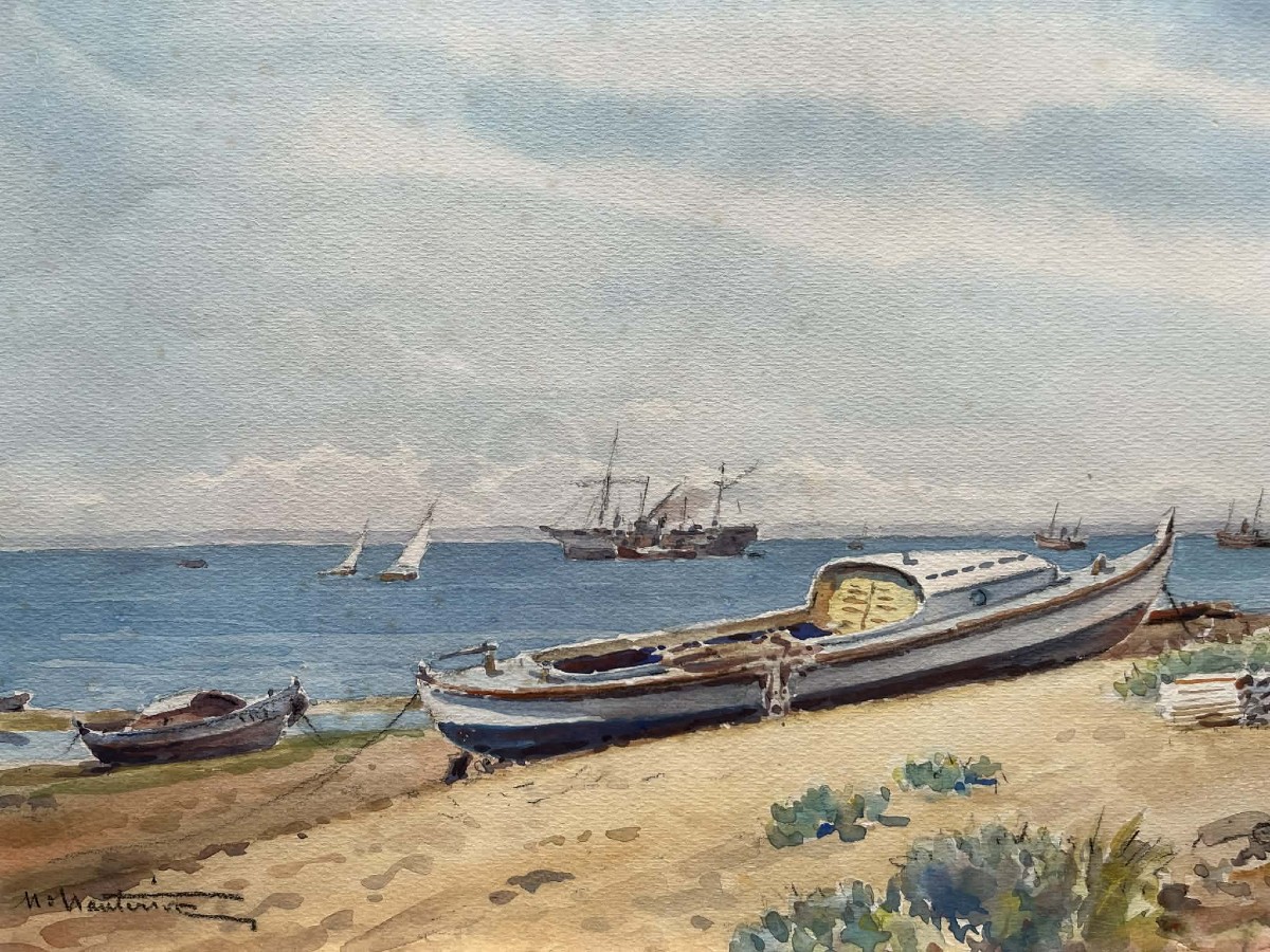 Henri d’HAUTERIVE (1865 –1957) "Pinasses sur le  bassin d'Arcachon" Aquarelle signée  28x43 cm