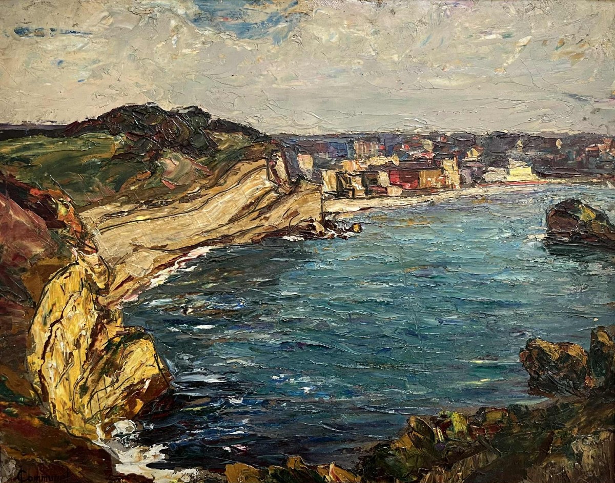 Joseph-victor Communal (1876-1962) View Of Biarritz Basque Country Oil/cardboard 33 X 45 Cm