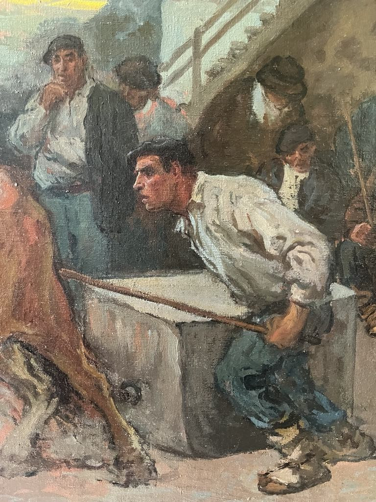 Ludovic GIGNOUX (1882 – ?)  Traction de pierre par les bœufs au Pays basque  HST SBG 64 x126 cm-photo-1