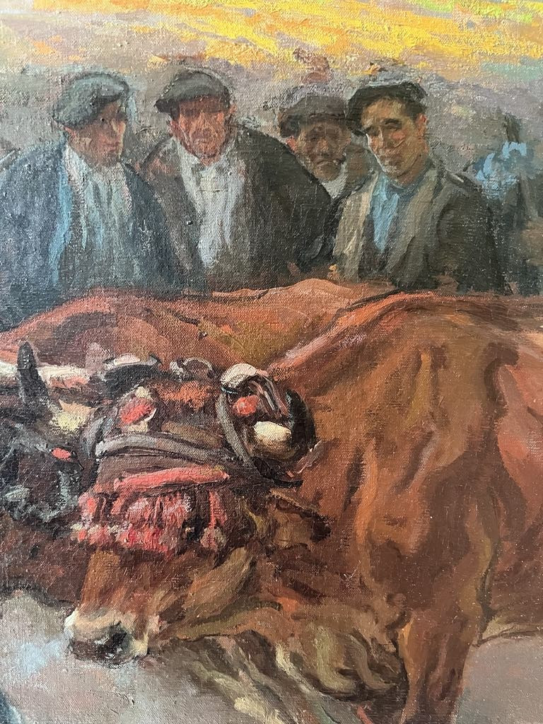 Ludovic GIGNOUX (1882 – ?)  Traction de pierre par les bœufs au Pays basque  HST SBG 64 x126 cm-photo-2