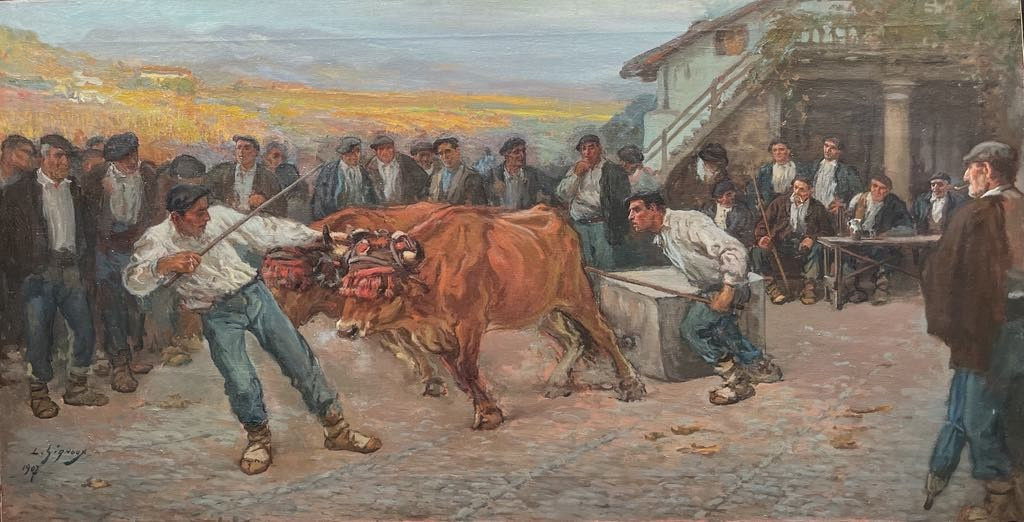 Ludovic GIGNOUX (1882 – ?)  Traction de pierre par les bœufs au Pays basque  HST SBG 64 x126 cm