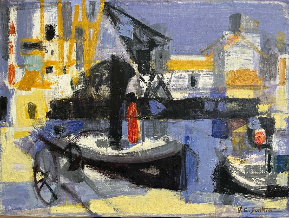 Maurice-Elie SARTHOU (Bayonne 1911 – Paris 1999) Le canal (remorqueur ciel violet) HST 54x73 cm