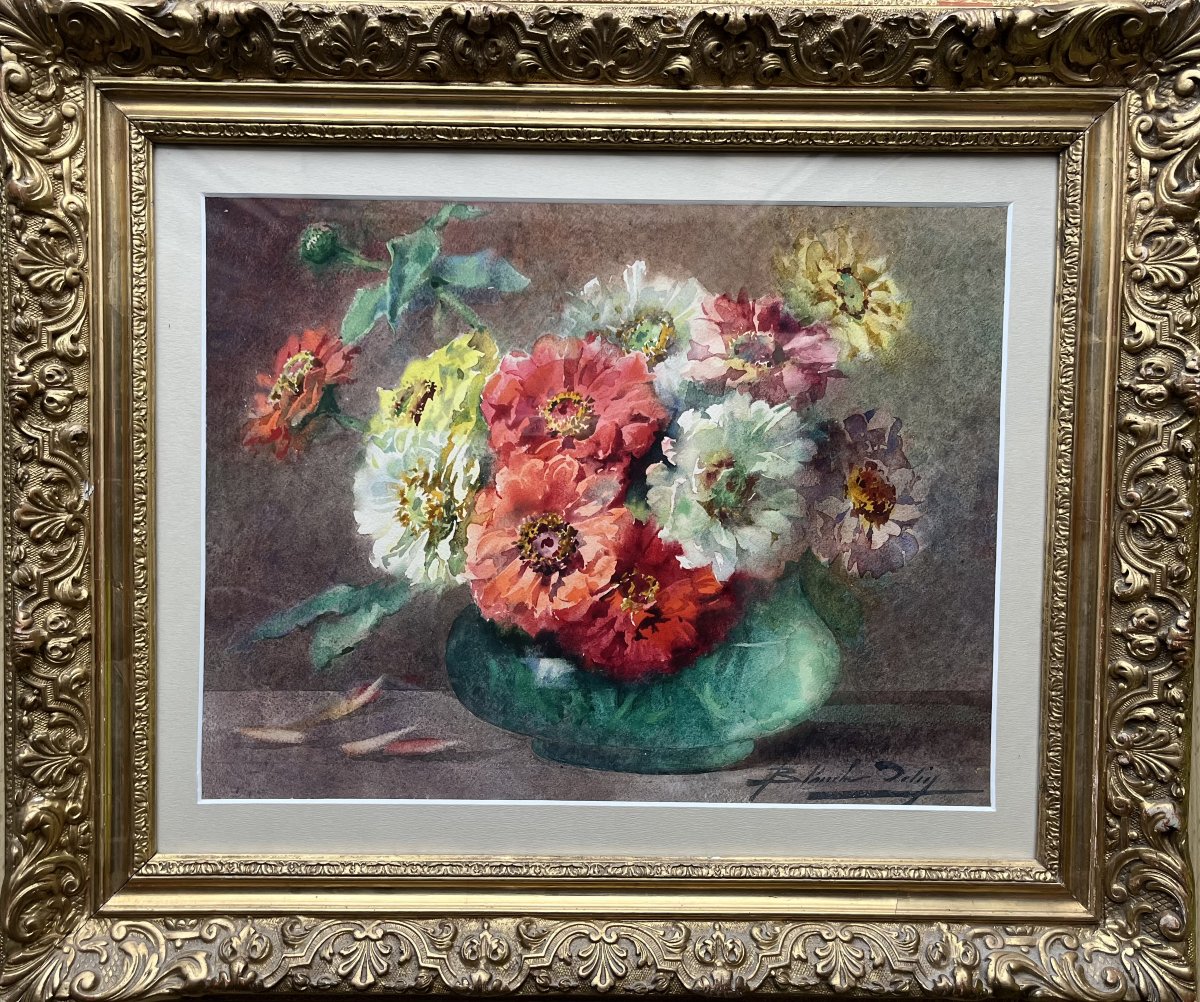Blanche ODIN (1865 - 1957)  Bouquet de zinnias  Aquarelle encadrée sous verre signée 27 x 37 cm-photo-3