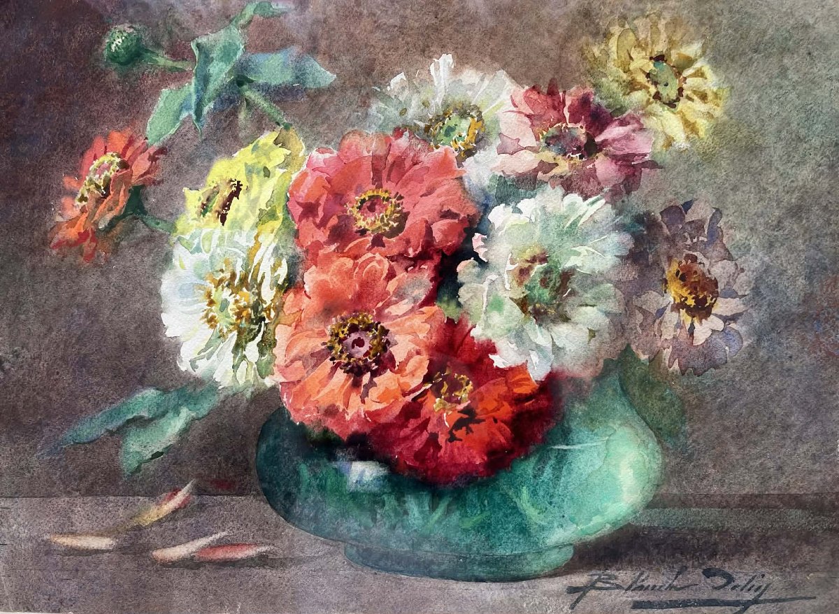 Blanche ODIN (1865 - 1957)  Bouquet de zinnias  Aquarelle encadrée sous verre signée 27 x 37 cm