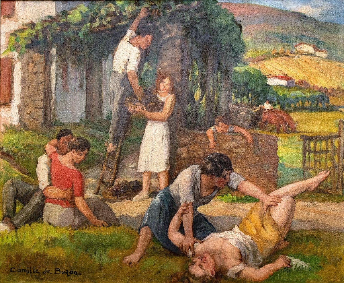 Camille DE BUZON (Bordeaux 1885–Mérignac 1964) Fête des vendanges au Pays basque HSP 50x60 cm 