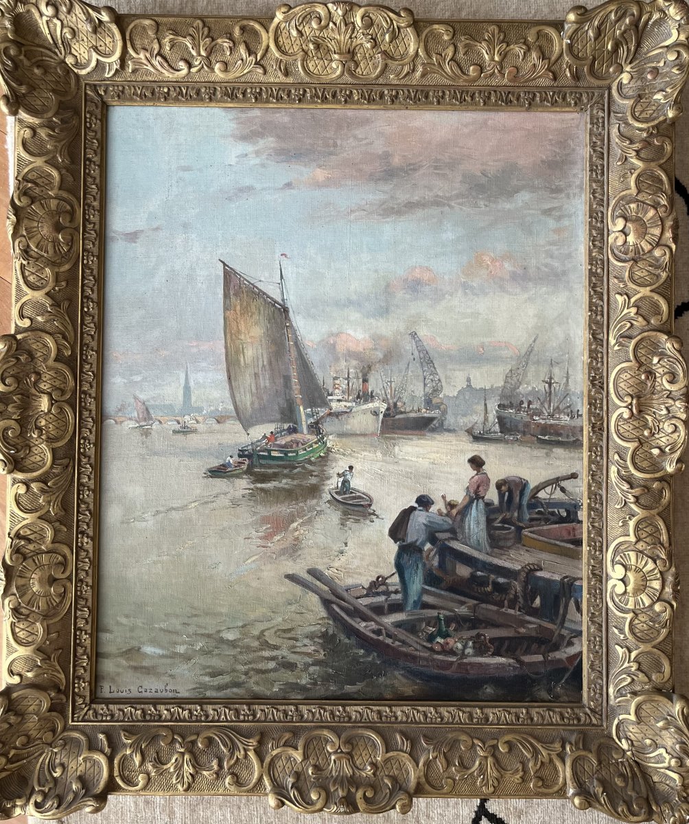 Pierre-Louis CAZAUBON (Bordeaux 1873-Bordeaux 1950) "Le port de Bordeaux" HST 61 x 50 cm-photo-2