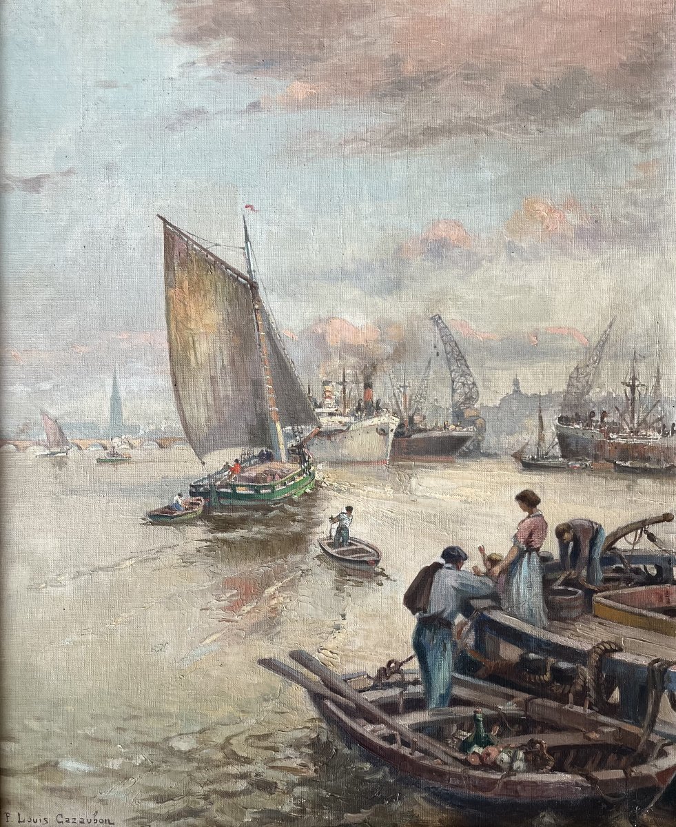 Pierre-Louis CAZAUBON (Bordeaux 1873-Bordeaux 1950) "Le port de Bordeaux" HST 61 x 50 cm