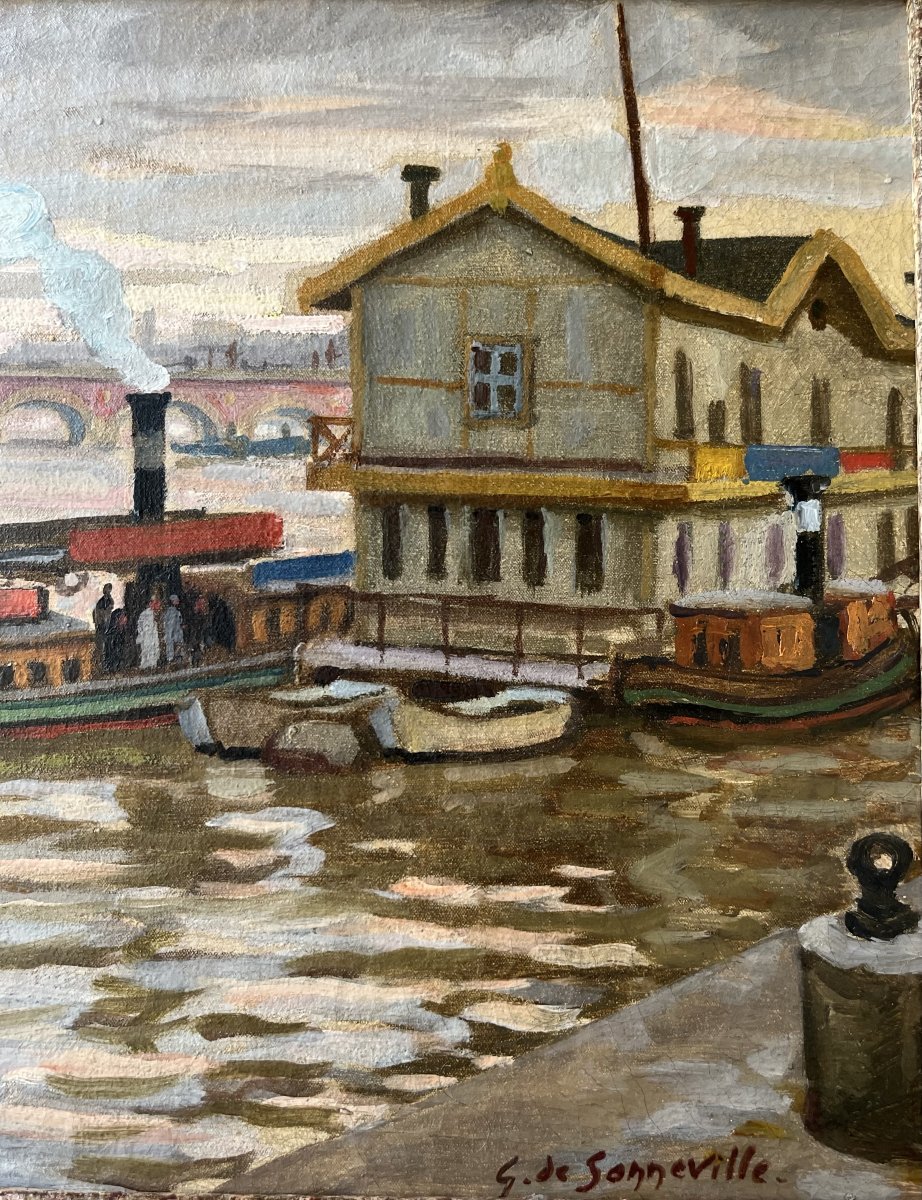 Georges De Sonneville (1889–1978) Pier On The Garonne River Bordeaux Ca. 1920 Oil/canvas 27x35 -photo-4