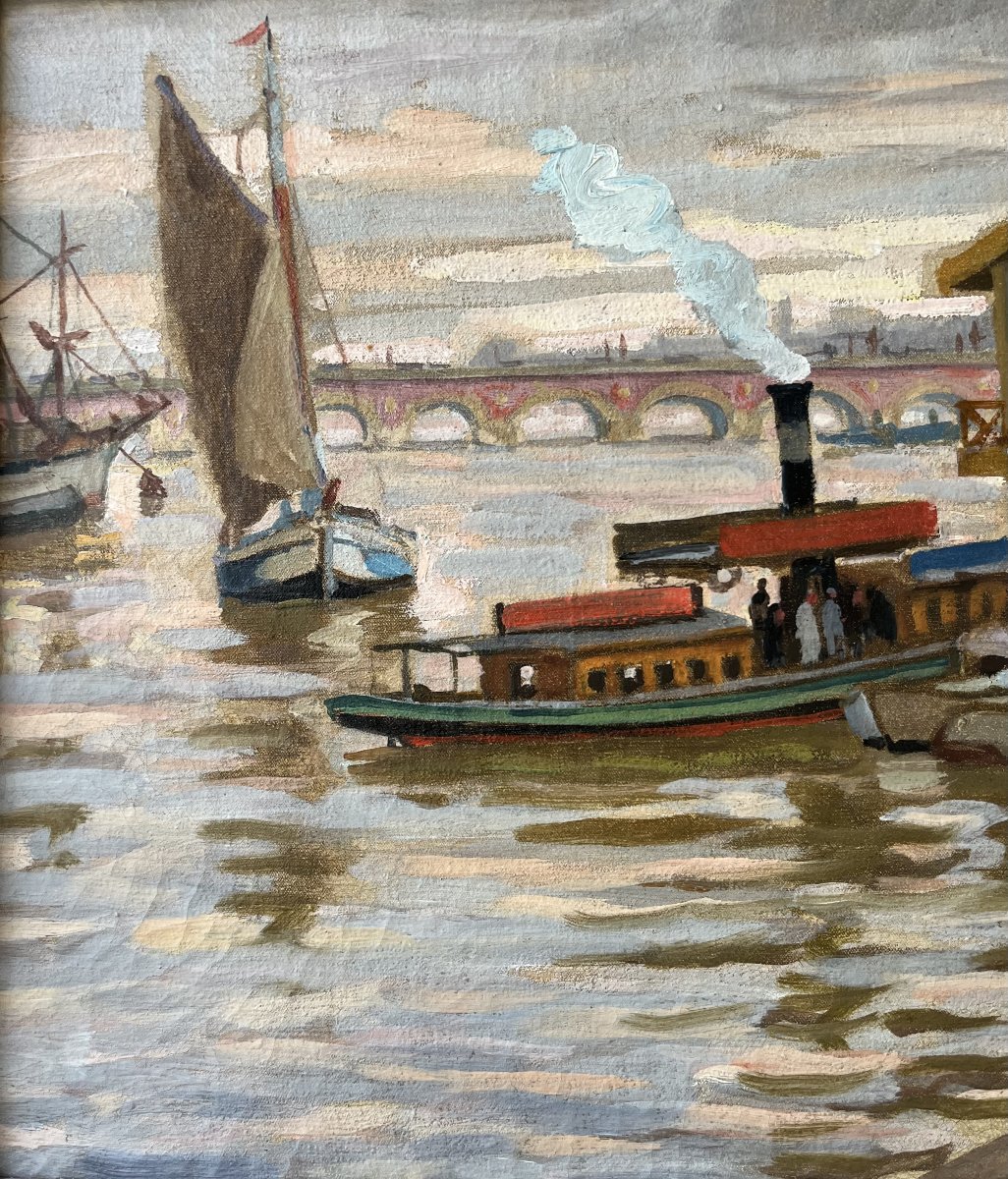 Georges De Sonneville (1889–1978) Pier On The Garonne River Bordeaux Ca. 1920 Oil/canvas 27x35 -photo-1
