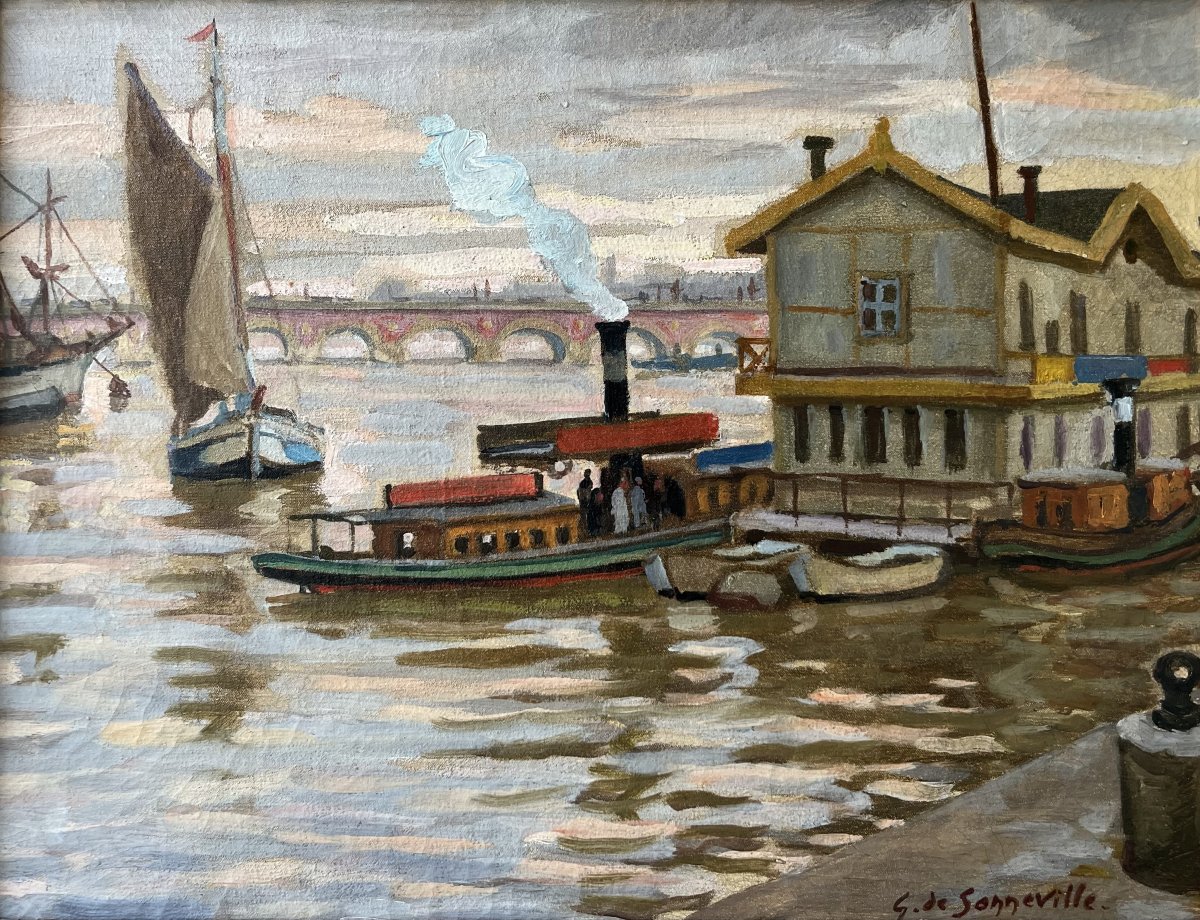 Georges De Sonneville (1889–1978) Pier On The Garonne River Bordeaux Ca. 1920 Oil/canvas 27x35 