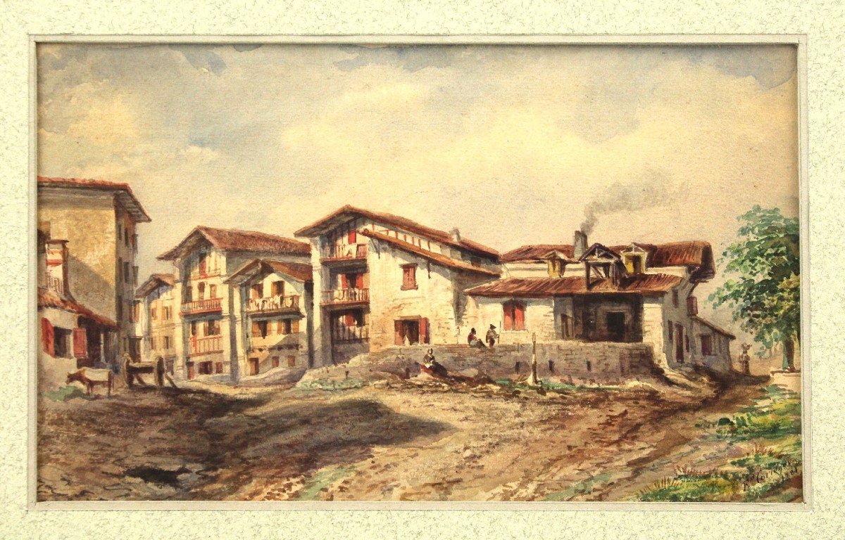Ferdinand Corrèges (1844-1904)  "Village du Pays Basque"  Aquarelle 18,5 x 30,5 cms
