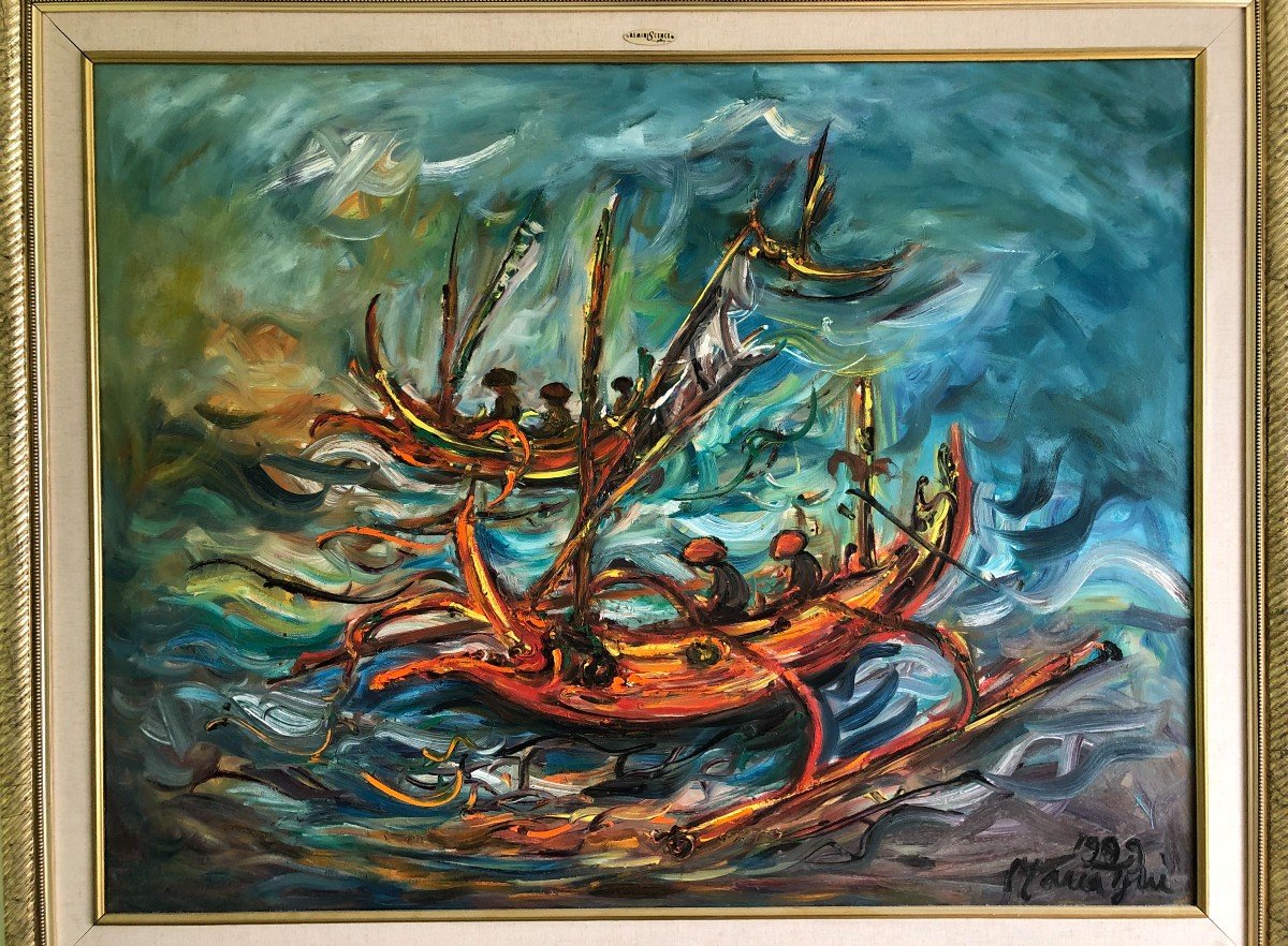 Maria Tjui (1934-2016)  "fishing Boats" Oil/canvas 97 X 127 Cms