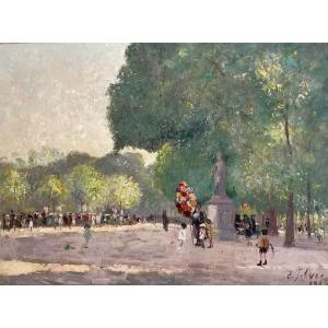 Edouard Febvre (1885-1967) - "Jeux d'enfants au jardin du Luxembourg -1934" HST signée 60x45cms