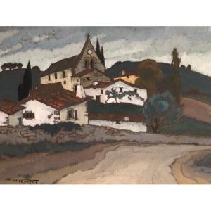 Philippe Veyrin (1900-1962) "Vue de Villefranque au Pays Basque" Gouache sur papier 23x16 cms