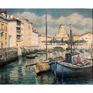Jiva (1907-1974) "saint-jean-de-luz, The Port And The Trawlers"  Signed  Oil / Canvas 61x50 Cm