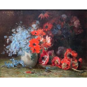 Denis Etcheverry (1867-1952) - Bayonne Pays basque "Bouquet de fleurs" HST signée 1887 40x32 cm
