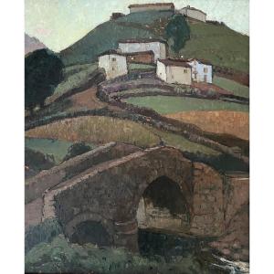 Pierre-Gaston Rigaud (1874-1939) "Pont de Bidarray, Pays basque" HSP signée (1928) 55x46 cm