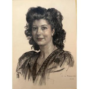 François-maurice Roganeau (1883-1973) “portrait Of A Woman” Charcoal And Pastel Dated 1946 46x61 Cm