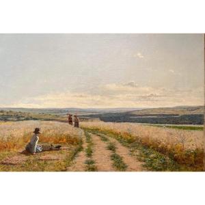 Jean-Ferdinand Monchablon (1855-1904) "Scène paysanne" Huile sur toile signée (1887) 38x55 cm