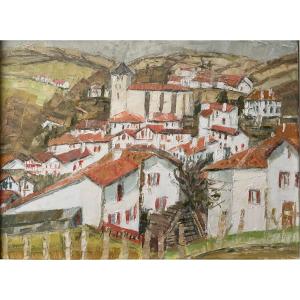 Roger Bravard (1923 – 2015)  "Vue d'Espelette, Pays basque”, HST signée, datée (19)93, 65x50 cm