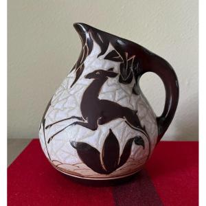 Ciboure, Basque Stoneware, Pitcher Decorated With Deer, Rf Stamp, Signed R. Le Coronne, H: 17 Cms