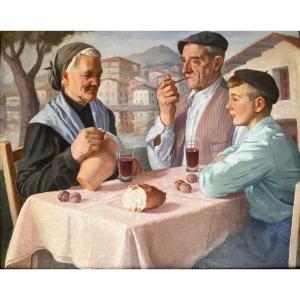 Mauricio-Flores Kaperotxipi (1901-1997) "Repas en famille - Pays basque" HST signée 65x80 cm