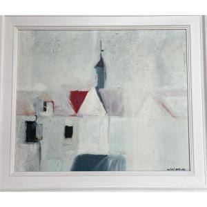 Michel Bellec (1931-1996) - Breton School - "church View" Oil On Canvas Signed 63x53 Cm