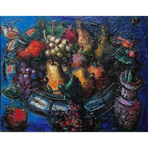 Rodolphe Caillaux (1904-1989) "the Fruit Bowl -basque Country" -  Oil On Canvas Signed 65x81 Cm