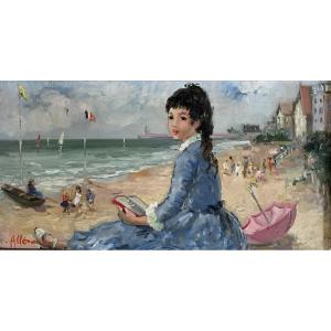 Jean Alleroux (20th Century) "elegant Woman Reading On The Beach" Oil On Hardboard Signed 15x28 Cm 