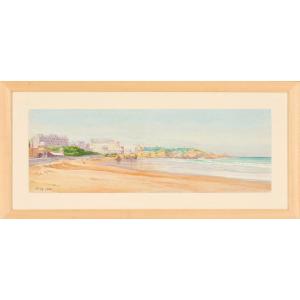 André GRIMARD (1868 – 1952)  La Grande Plage de Biarritz 1880 Pays basque  Aquarelle 22x64 cm
