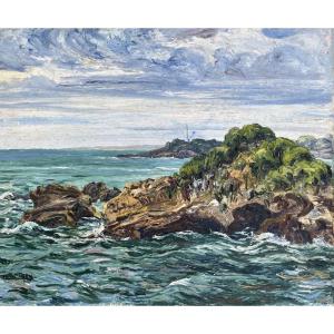 Louis DARAN (1881–1969) « Rocher du Basta et phare de Biarritz » Pays basque (1947) HSP 38x45cm