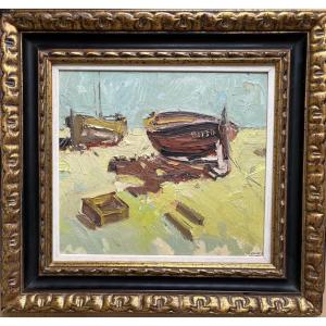 Andrés Rozas Vilar (spain, 20th Century) "barcos". Signed Oil On Panel 32,5 X 36 Cm