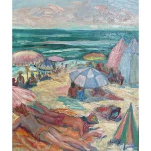 Germaine LACAZE (1908 – 1994)  "Plage de Pyla-sur-mer - Bassin d'Arcachon” (1984) HST 55x46 