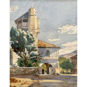 Célestin LIETAER (1874 –1951) "Eglise de Bidart animée - Pays basque ” Aquarelle 31 x 24 cm