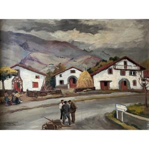 Yvon Masse (1892 – 1957) - Conversation At The Crossroads Of Ossès – Basque Country Hsp 54x78 Cm