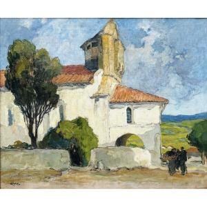 Georges GOBO (1876 – 1958) « Vue animée de l’église de Bidart »- Pays basque - HST 54,5 x 65 cm