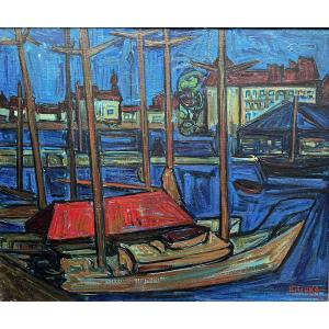 Isis Kischka (1908 – 1973) "La voile rouge"  HST signée, titrée au dos, 45x55 cm