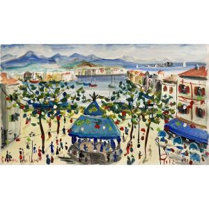 Pito (1924-2000) Place Louis XIV In Saint-jean-de-luz, Basque Country. Watercolor/gouache, 38 X 58 Cm