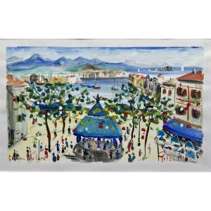 Pito (1924-2000) Place Louis XIV In Saint-jean-de-luz Basque Country. Watercolor/gouache, 34x55