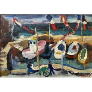 Jean Baudet (paris 1914 - Anglet 1989) "biarritz Harbour" Basque Country - Oil On Canvas 38x55 