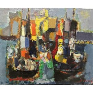 Jean HUGON (1919 – 1990) Peintre Bordelais Remorqueurs à La Rochelle (1963) HST SBD 50 x 61 cm