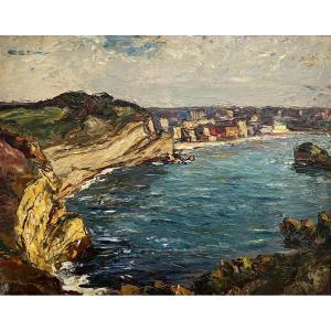 Joseph-victor Communal (1876-1962) View Of Biarritz Basque Country Oil/cardboard 33 X 45 Cm