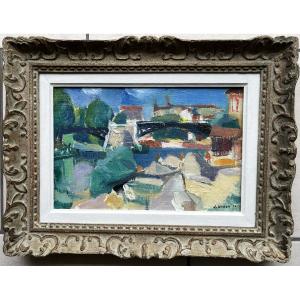 Jean HUGON (1919 – 1990) Quais de la Garonne Toulouse (1950) Ecole Bordelaise HST 22x32 cm