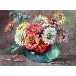 Blanche Odin (1865–1957) Bouquet Of Zinnias Framed Watercolor Under Glass, Signed, 27 X 37 Cm