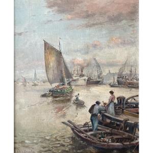 Pierre-Louis CAZAUBON (Bordeaux 1873-Bordeaux 1950) "Le port de Bordeaux" HST 61 x 50 cm