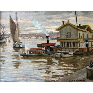 Georges de Sonneville (1889–1978) L’embarcadère sur la Garonne à Bordeaux Vers 1920 HST 27x35 