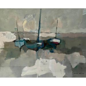 Michel Bellec (XXème) - Ecole Bretonne - Marine - Gouache signée 53x43 cms